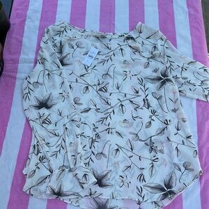 LOFT Floral long Sleeve Blouse in White and Gray